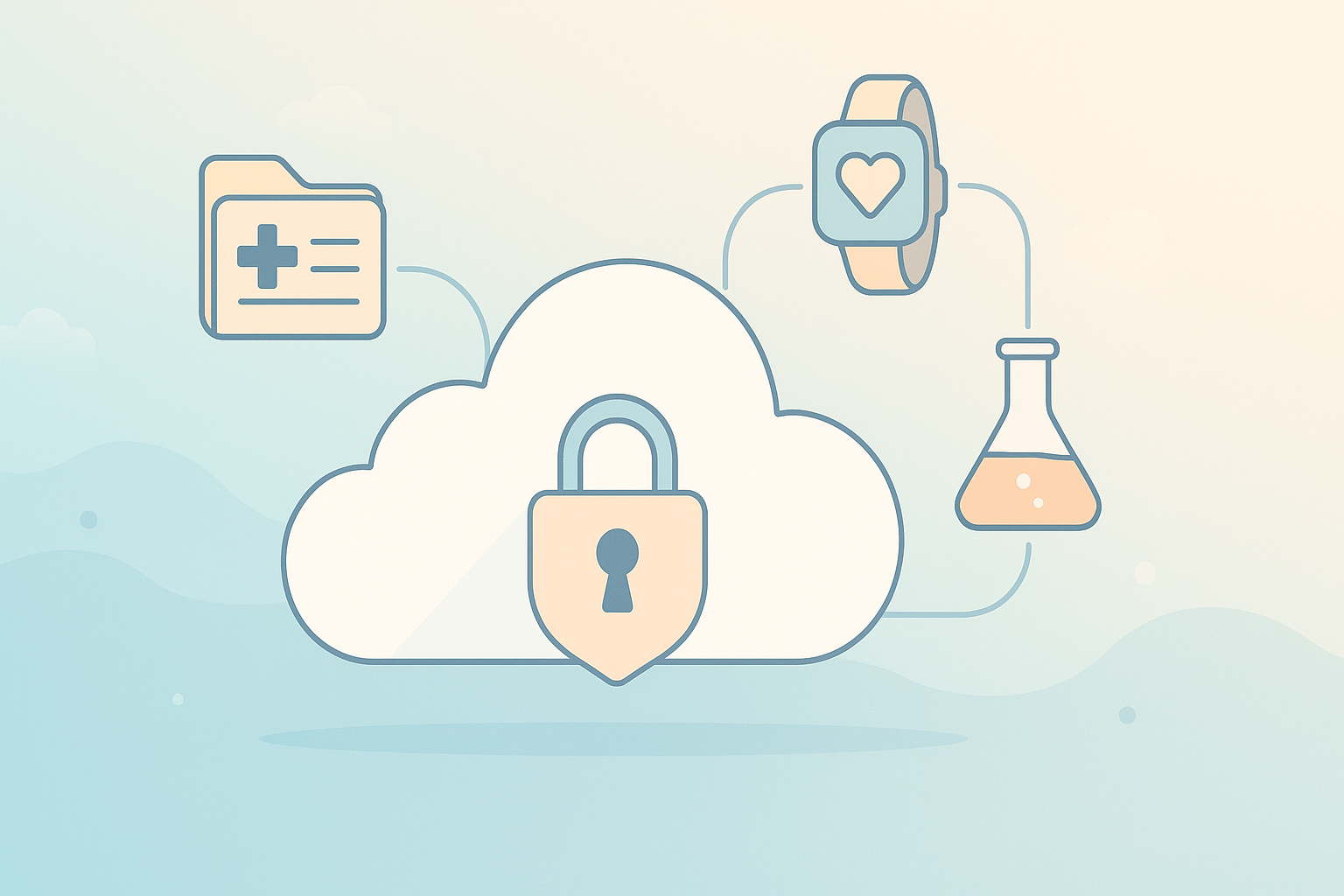 Secure healthcare data integration showing EHR systems, wearable devices, and lab data connected through a secure cloud platform